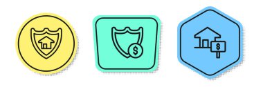Set line House with shield, Shield dollar and . Colored shapes. Vector