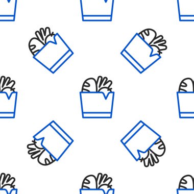 Çizgi kağıt alışveriş torbası ve yiyecek ikonu beyaz arka planda izole edilmiş pürüzsüz desen. Yiyecek dükkanı, süpermarket. Renkli taslak konsepti. Vektör