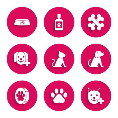 Set Cat, Paw print, Veterinary clinic symbol, Dog, Crossed bones and Pet food bowl for cat or dog icon. Vector