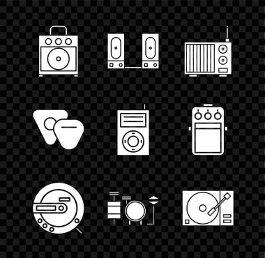 Set Guitar amplifier, Stereo speaker, Radio with antenna, Music CD player, Drums, Vinyl vinyl disk, pick and MP3 icon. Vector