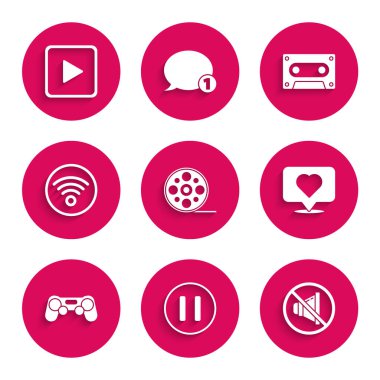 Set Film reel, Pause button, Speaker mute, Like and heart, Gamepad, Wi-Fi wireless internet network, Retro audio cassette tape and Play square icon. Vector