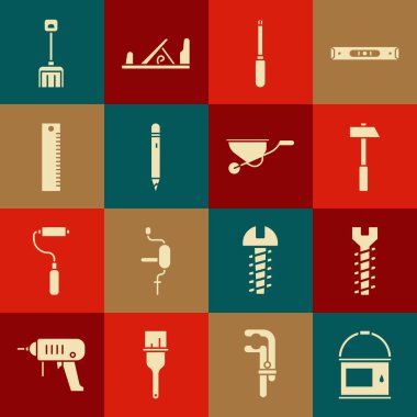 Set Paint bucket, Metallic screw, Hammer, Screwdriver, Pencil with eraser, Ruler, Snow shovel and Wheelbarrow icon. Vector
