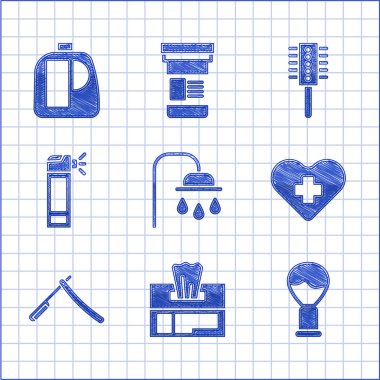 Set Shower head, Wet wipe pack, Shaving brush, Heart with cross, Straight razor, Bottle nozzle spray, Hairbrush and Bottles for cleaning agent icon. Vector