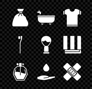 Set Garbage bag, Bathtub, T-shirt, Perfume, Washing hands with soap, Crossed bandage plaster, Toothbrush and Shaving icon. Vector