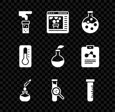 Set Test tube and flask, Chemical online, Medical thermometer and Plant breeding icon. Vector