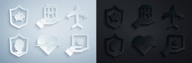 Set Life insurance, Plane, with shield, Safe hand, House and Piggy bank icon. Vector