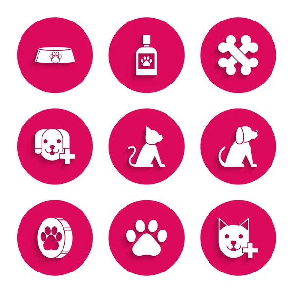Set Cat, Paw print, Veterinary clinic symbol, Dog, Crossed bones and Pet food bowl for cat or dog icon. Vector