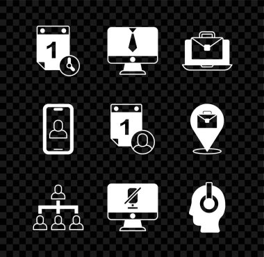 Set Time management, Video chat conference, Online working, Hierarchy organogram chart, Mute microphone computer, Freelancer,  and  icon. Vector