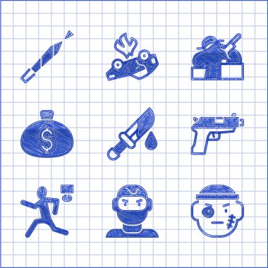 Set Bloody knife, Thief mask, Bandit, Pistol or gun, Murder, Money bag,  and Marijuana joint icon. Vector