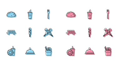 Set line Paper glass with drinking straw and donut, Covered tray of food, Taco tortilla, Asian noodles paper box chopsticks, Ice cream, Sushi cutting board and water icon. Vector