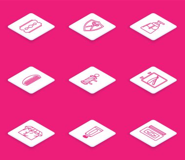 Set line Blade razor, Scissors hairdresser and shield, Aftershave, Hairbrush, Classic Barber shop pole, Barbershop with, building and Cream lotion cosmetic tube icon. Vector