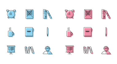 Set line Presentation financial board with graph, diagram, infographic, pie graph, Paper clip, Alarm clock, Student, Notebook, Pen, Coffee cup and Exam paper incorrect answers survey icon. Vector