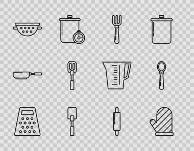 Set line Grater, Oven glove, Fork, Spatula, Kitchen colander, Rolling pin and Spoon icon. Vector