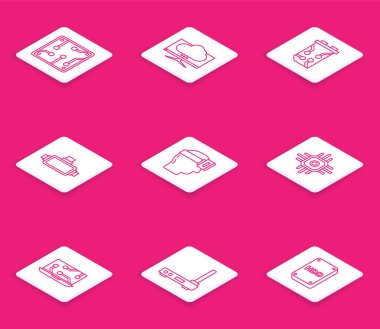 Set line Processor, Computer monitor screen, Video graphic card, Virtual reality glasses, Laptop and Router and wi-fi signal icon. Vector