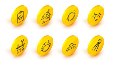 Set line Satellite, UFO flying spaceship, Astronaut helmet, Mars rover, Falling star, Sun, Astronomical observatory and Planet icon. Vector