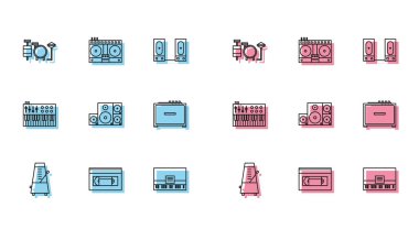 Set line Metronome with pendulum in motion, VHS video cassette tape, Drums, Piano, Stereo speaker, Guitar amplifier, Music synthesizer and DJ remote for playing and mixing music icon. Vector