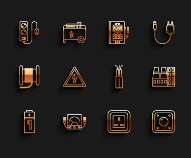Set line Battery, Ampere meter, multimeter, voltmeter, Electric extension cord, Electrical outlet, light switch, High voltage sign, Power station plant and factory and cable icon. Vector