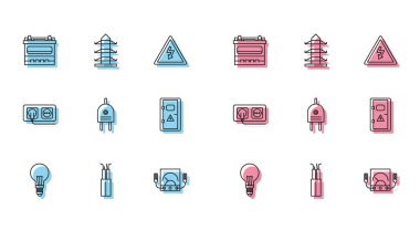 Set line Light bulb with concept of idea, Electric cable, Car battery, Ampere meter, multimeter, voltmeter, plug, Electrical cabinet, outlet and High voltage power pole line icon. Vector
