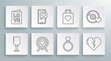 Set line Wine glass, Heart the center of darts target aim, Wedding rings, Broken or divorce, Shopping bag, Romantic music and Valentines day party flyer icon. Vector