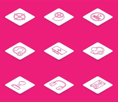 Set line Target sport, Head hunting concept, Medal, Premium create account screen, Computer monitor, Headphones, Joystick for arcade machine and  icon. Vector