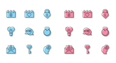 Set line Envelope with 8 March, Key in heart shape, Calendar, human head, Speech bubble I love you, Wedding rings, Heart light bulb and  icon. Vector