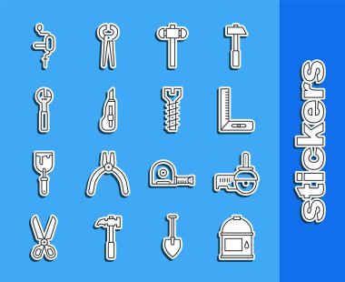 Set line Paint bucket, Angle grinder, Corner ruler, Sledgehammer, Stationery knife, Adjustable wrench, Hand drill and Metallic screw icon. Vector