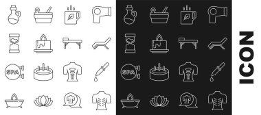 Set line Massage, Pipette, Sunbed and umbrella, Cup of tea leaf, Aroma candle, Old hourglass, Essential oil bottle and table icon. Vector
