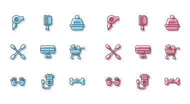 Set line Medical rubber gloves, Hair clipper pet, dryer, Dog bone, Collar with name tag, Pet stroller, Cotton swab for ears and brush dog and cat icon. Vector