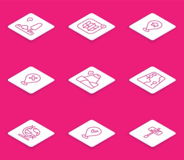 Set line City map navigation, Infographic of city, Location with house, cross mark, mountain, Earth globe and check icon. Vector