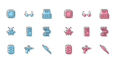 Set line Energy drink, Ray gun, Processor with CPU, Fountain pen nib, Computer, Book, UFO flying spaceship and Eyeglasses icon. Vector