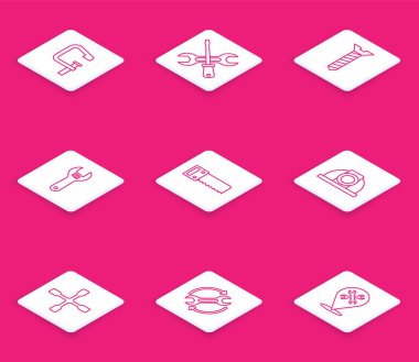 Set line Clamp and screw tool, Screwdriver wrench, Metallic, Adjustable, Hand saw, Worker safety helmet, Wheel and Wrench arrows as workflow icon. Vector