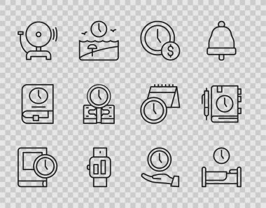 Set line Time for book, to sleep, is money, Smartwatch, Ringing alarm bell, Clock and Daily paper notepad icon. Vector
