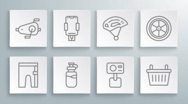 Set line Cycling shorts, Mobile holder, Sport bottle with water, Action extreme camera, Bicycle basket, helmet, wheel and pedals icon. Vector