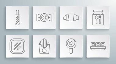 Set line Steak meat, Candy, Potatoes french fries in box, Lollipop, Sushi on cutting board, Croissant, Online ordering delivery and Hotdog sandwich icon. Vector