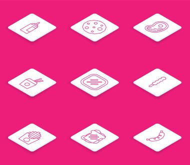 Set line Sauce bottle, Cookie or biscuit, Steak meat, Asian noodles and chopsticks, Lollipop, Potatoes french fries in box and Sandwich icon. Vector