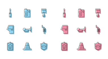 Set line Car inspection, Traffic cone, Screwdriver, with shield, Signal horn vehicle, muffler, door and Canister for motor oil icon. Vector
