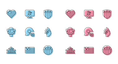 Set line White House, American flag, USA Independence day, Medal with star, football helmet, Native Indian, Tourist binoculars and Eagle icon. Vector