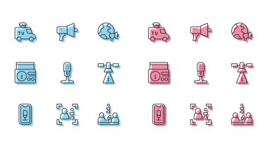 Set line Mobile recording, Television report, TV News car, Interview, Microphone, Satellite, radio channel and Megaphone icon. Vector