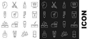 Set line Shaving brush, Human hair follicle, Electric razor blade, Oil bottle, Broken, Hair clipper, Baldness and Hairbrush icon. Vector