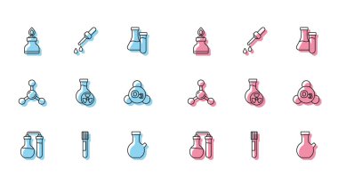 Set line Test tube, Alcohol or spirit burner, with toxic liquid, Ozone, Molecule and Pipette icon. Vector
