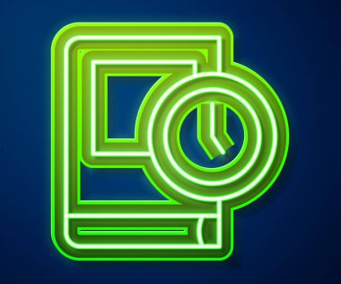 Parlayan neon hattı mavi arkaplanda izole edilmiş kitap simgesi zamanı. Vektör.