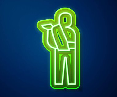 Glowing neon line Human broken arm icon isolated on blue background. Injured man in bandage.  Vector.