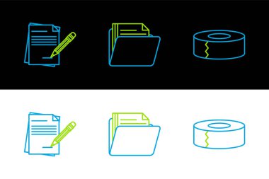 Set line Scotch, Blank notebook and pencil with eraser and Document folder icon. Vector