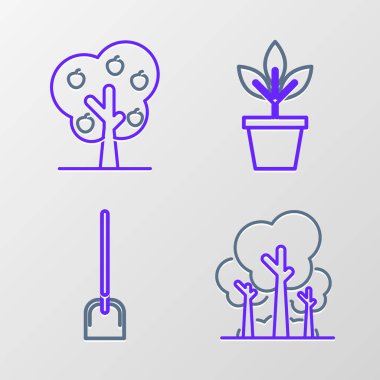 Set line Trees, Shovel, Flowers in pot and with apple icon. Vector