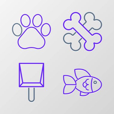 Set line Fish, Dustpan, Crossed bones and Paw print icon. Vector