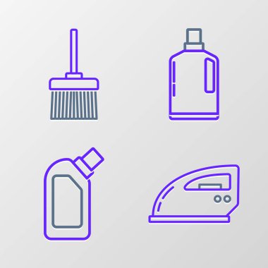 Set line Electric iron, Plastic bottles for liquid dishwashing liquid,  and Handle broom icon. Vector