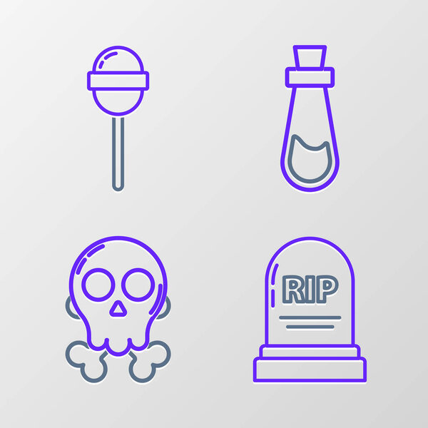 Set line Tombstone with RIP, Skull crossbones, Bottle potion and Lollipop icon. Vector