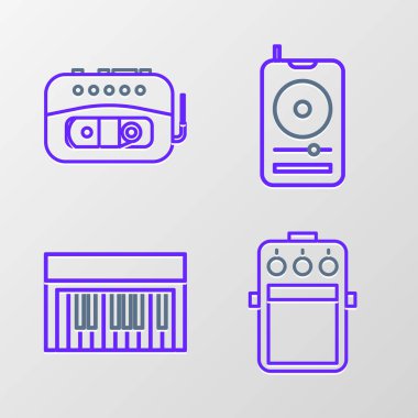 Set line Guitar pedal, Music synthesizer, player and tape icon. Vector