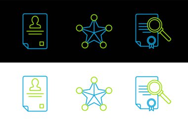 Set line Document with search, Identification badge and Hexagram sheriff icon. Vector