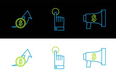 Set line Megaphone and dollar, Financial growth coin and Hand touch tap gesture icon. Vector